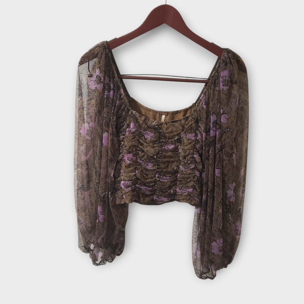Free People Lilia Floral Ruched Mesh Crop Top Olive Combo Brown OB1185371 Medium